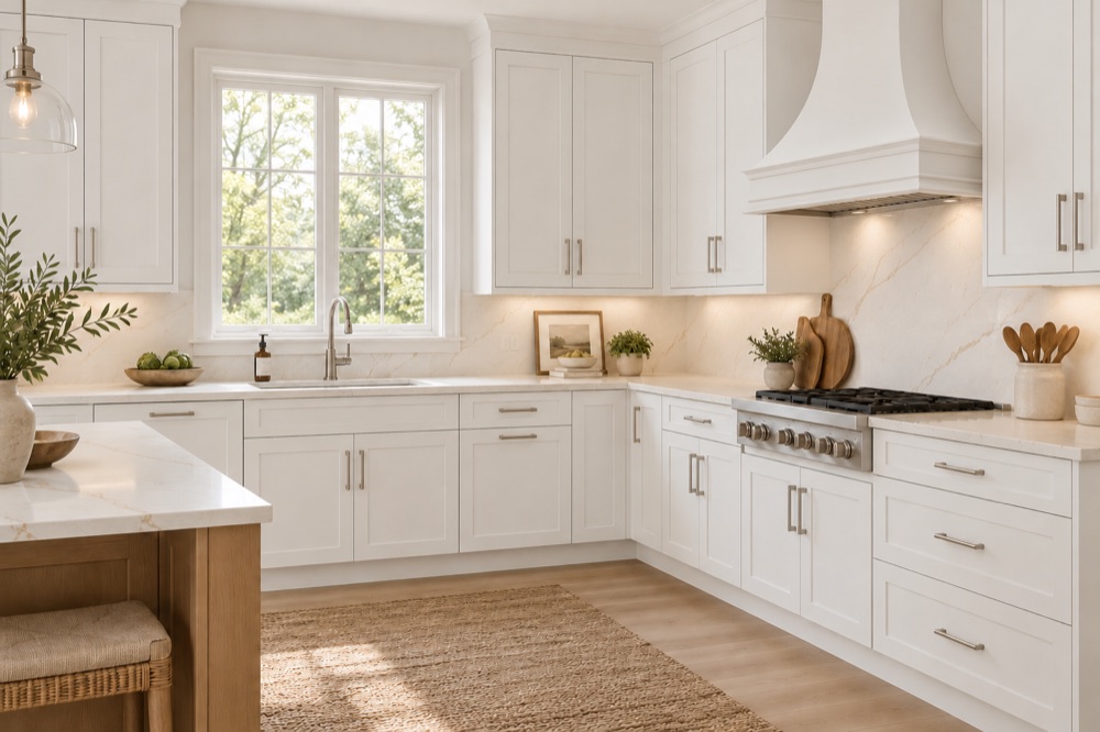 Complete kitchen featuring Ice White Shaker cabinets
