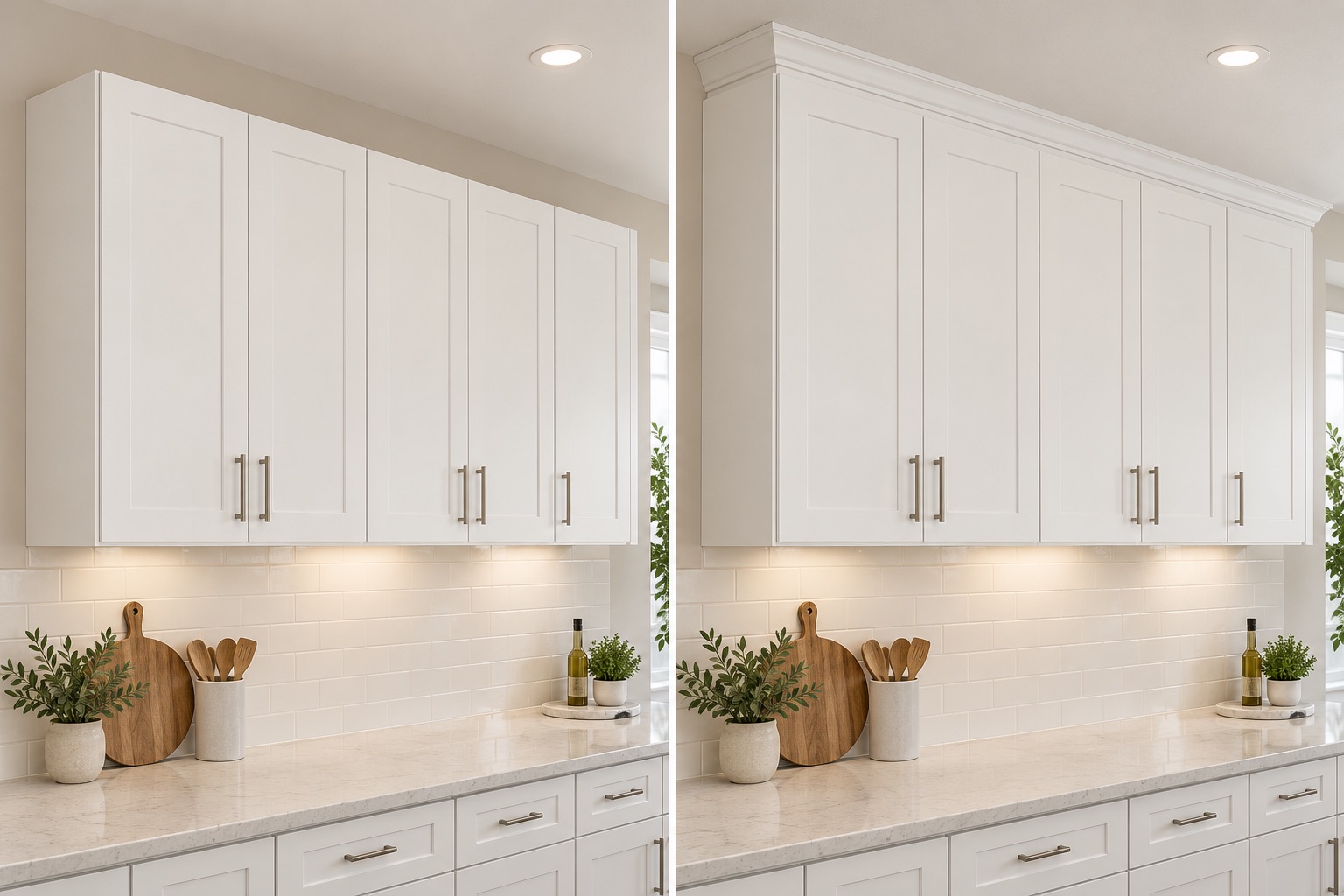 The same wall-cabinet run before and after matching crown molding is installed