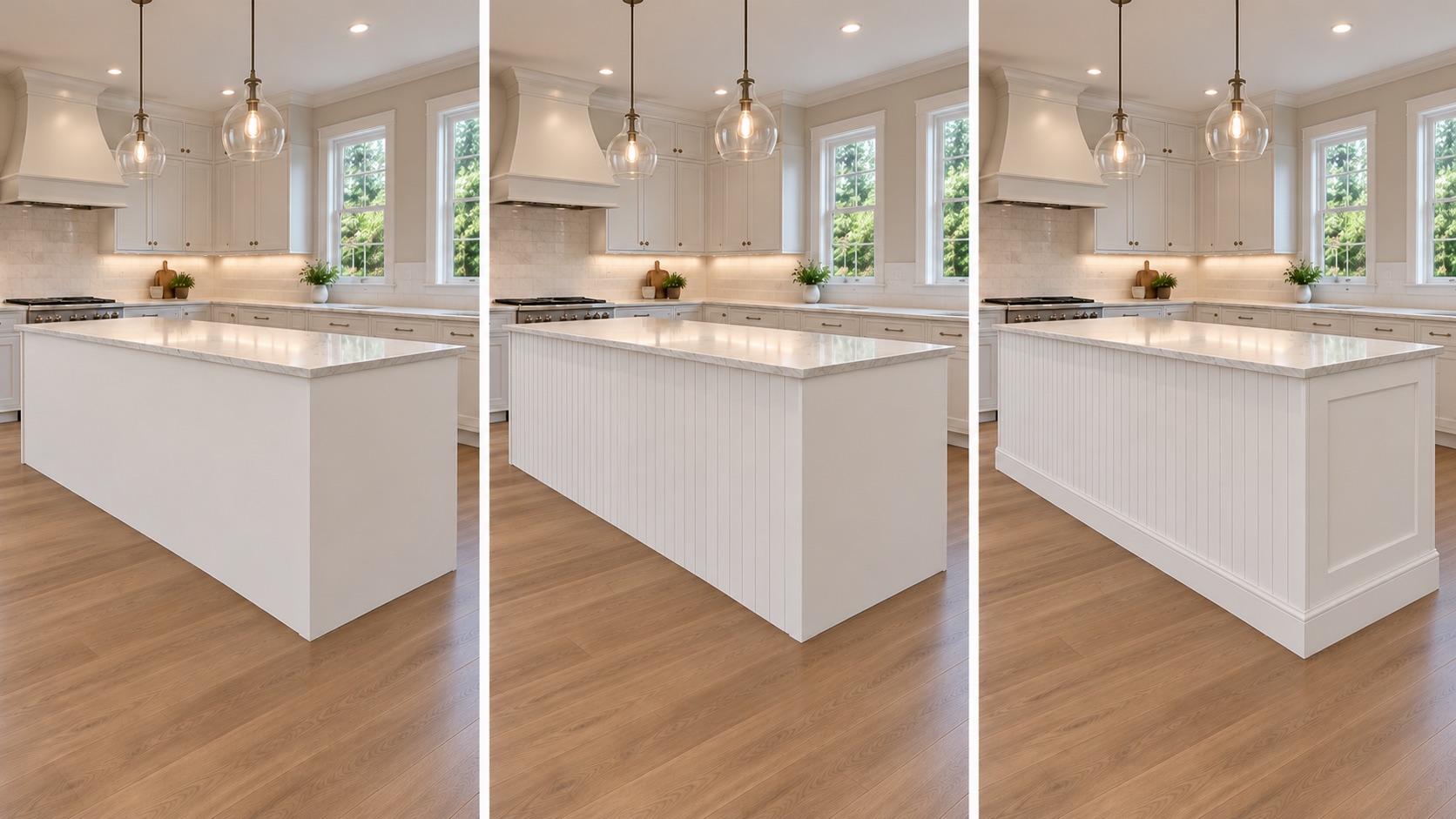 Three-stage island progression from smooth finished sides to beadboard, decorative end panel and base molding