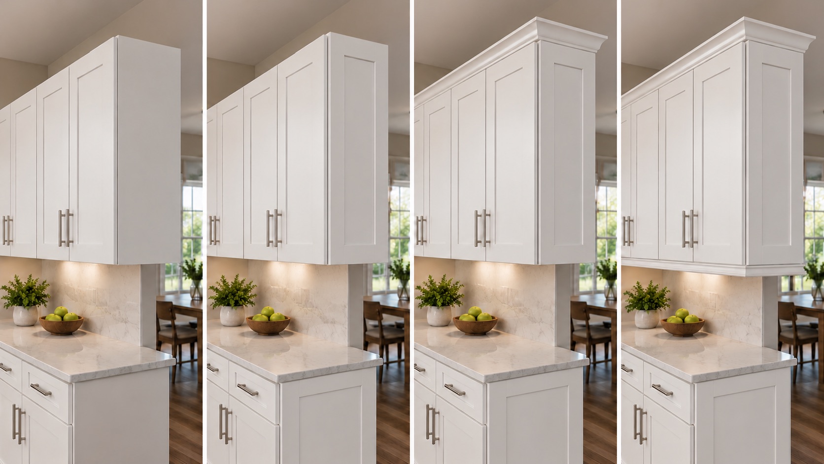 Four-stage upper cabinet progression from plain exposed side to decorative end panel, crown and light rail