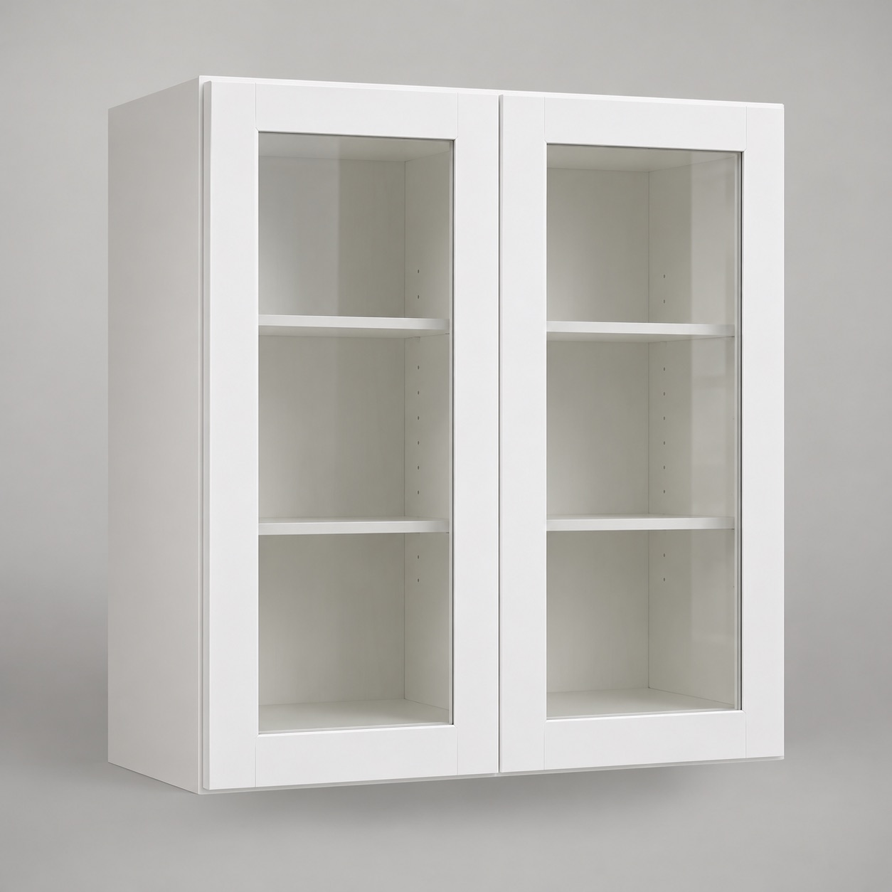 Representative white wall cabinet with glass installed in both replacement doors