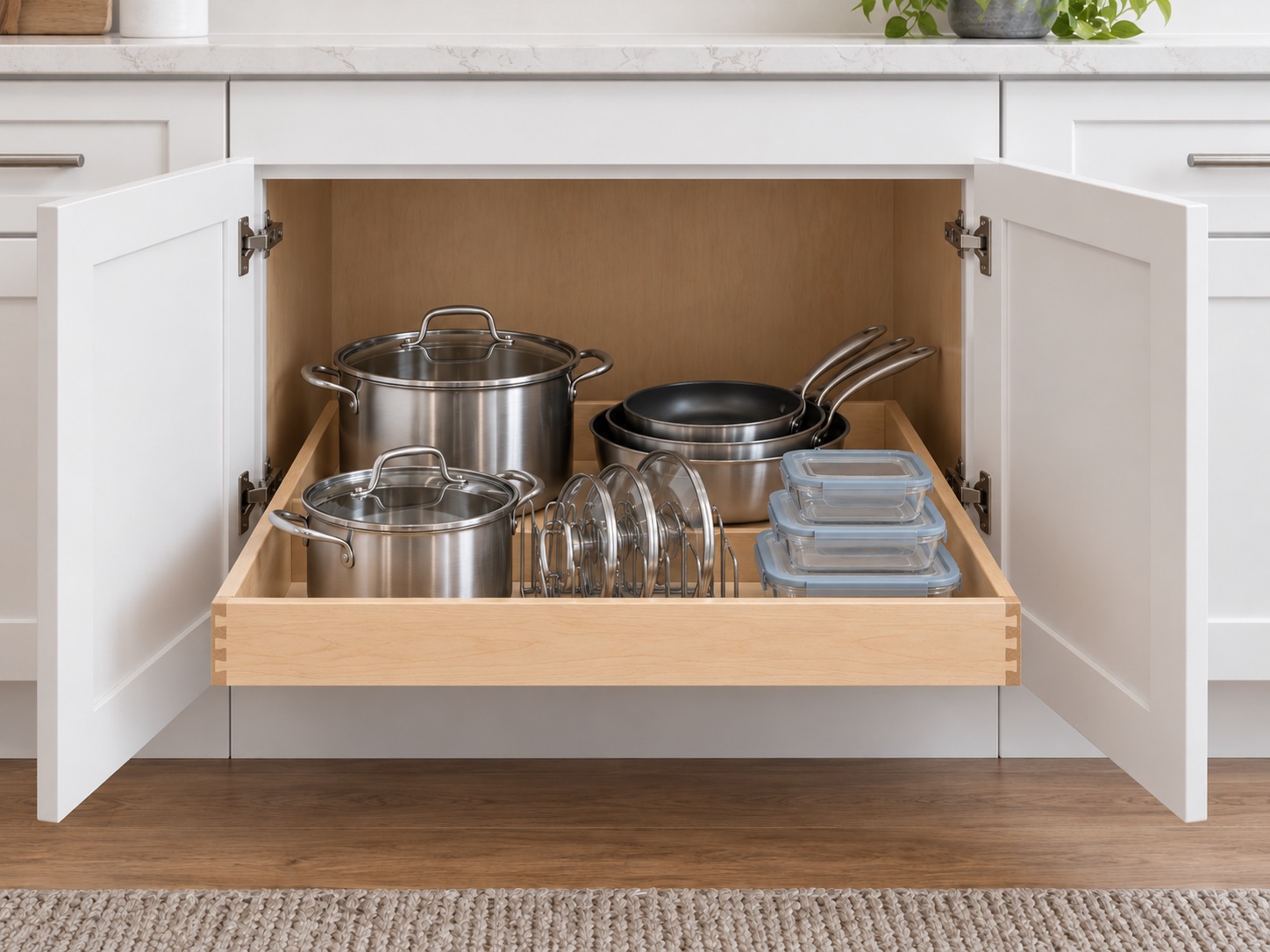 Illustration of a shallow dovetail roll-out tray organizing pots, pans, lids and food-storage containers