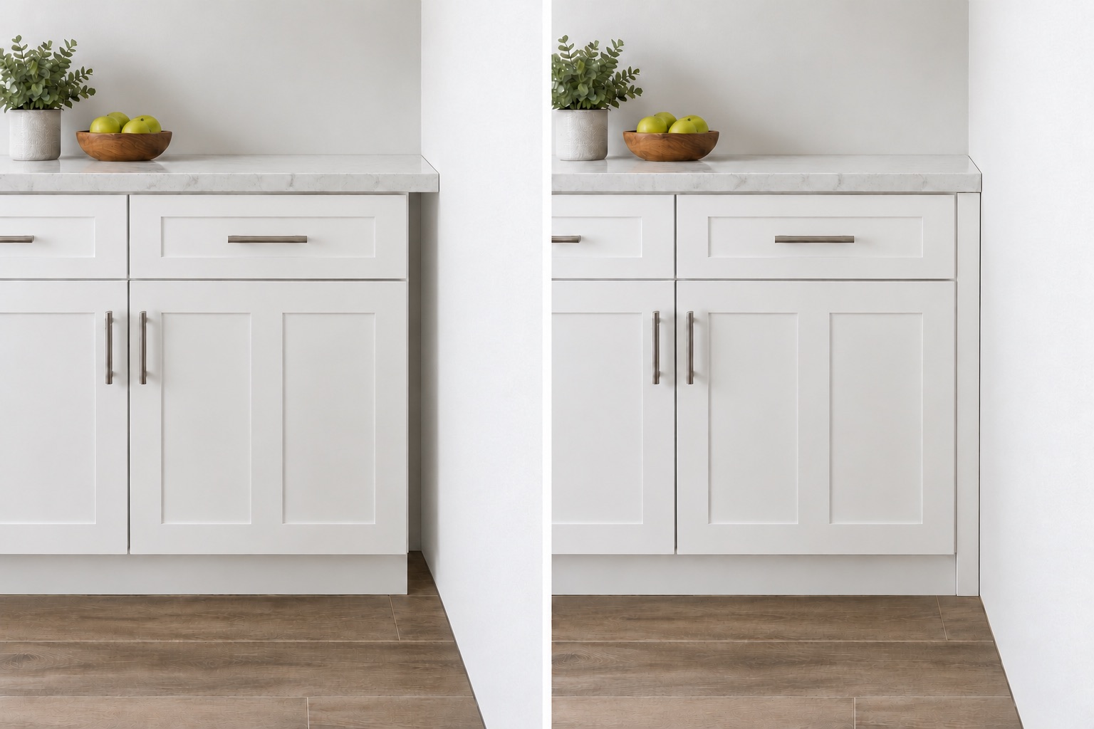 Cabinet beside a wall before and after a matching three-inch filler strip is installed