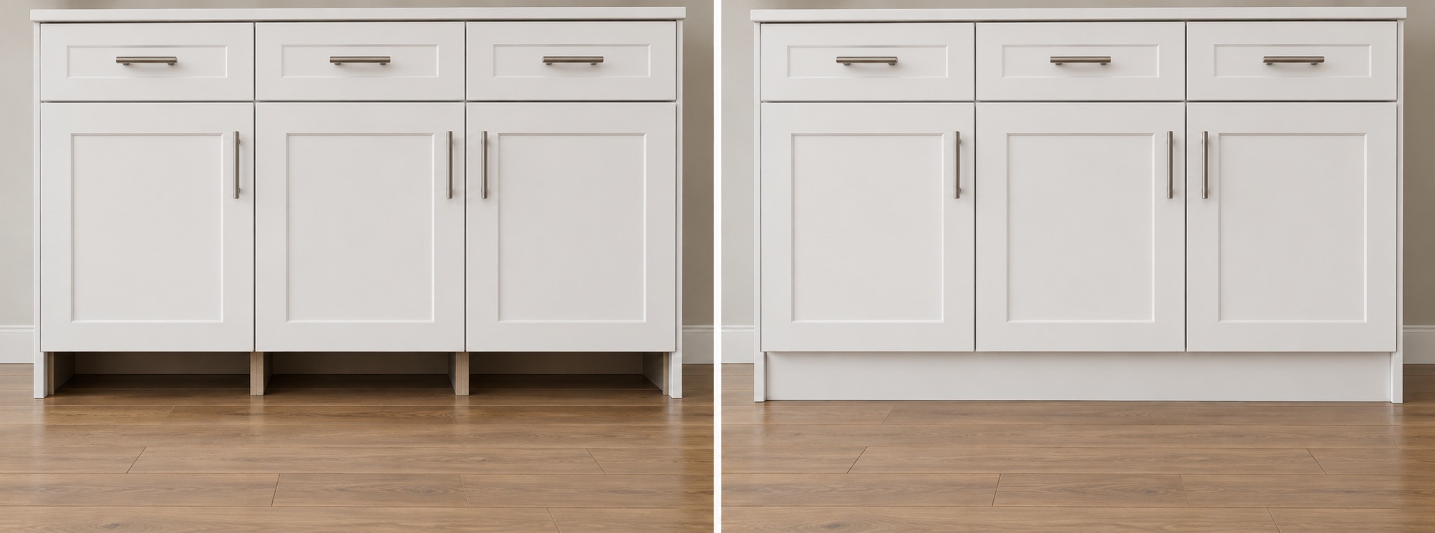 Comparison showing exposed plywood cabinet dividers before and a continuous matching toe-kick panel after installation