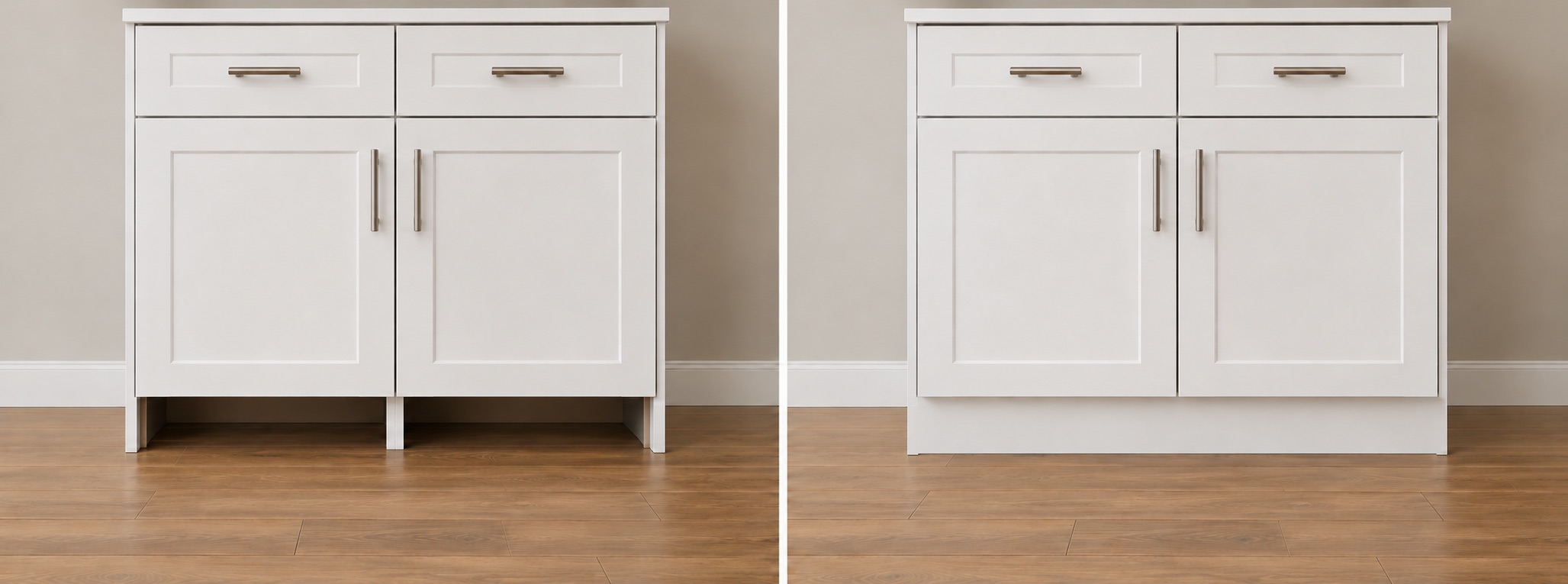 Two base cabinets before and after a smooth, continuous matching toe kick is installed