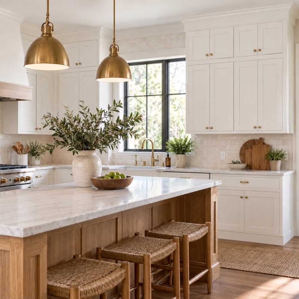 Completed kitchen showing coordinated cabinet trim