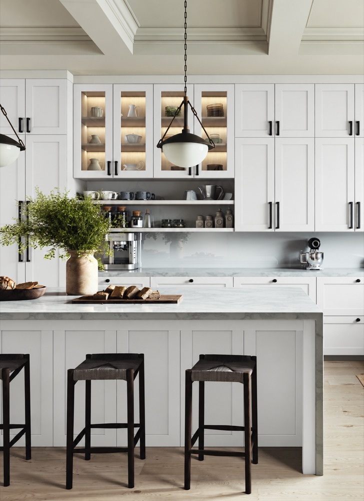 Conceptual kitchen visualization featuring Ice White Shaker