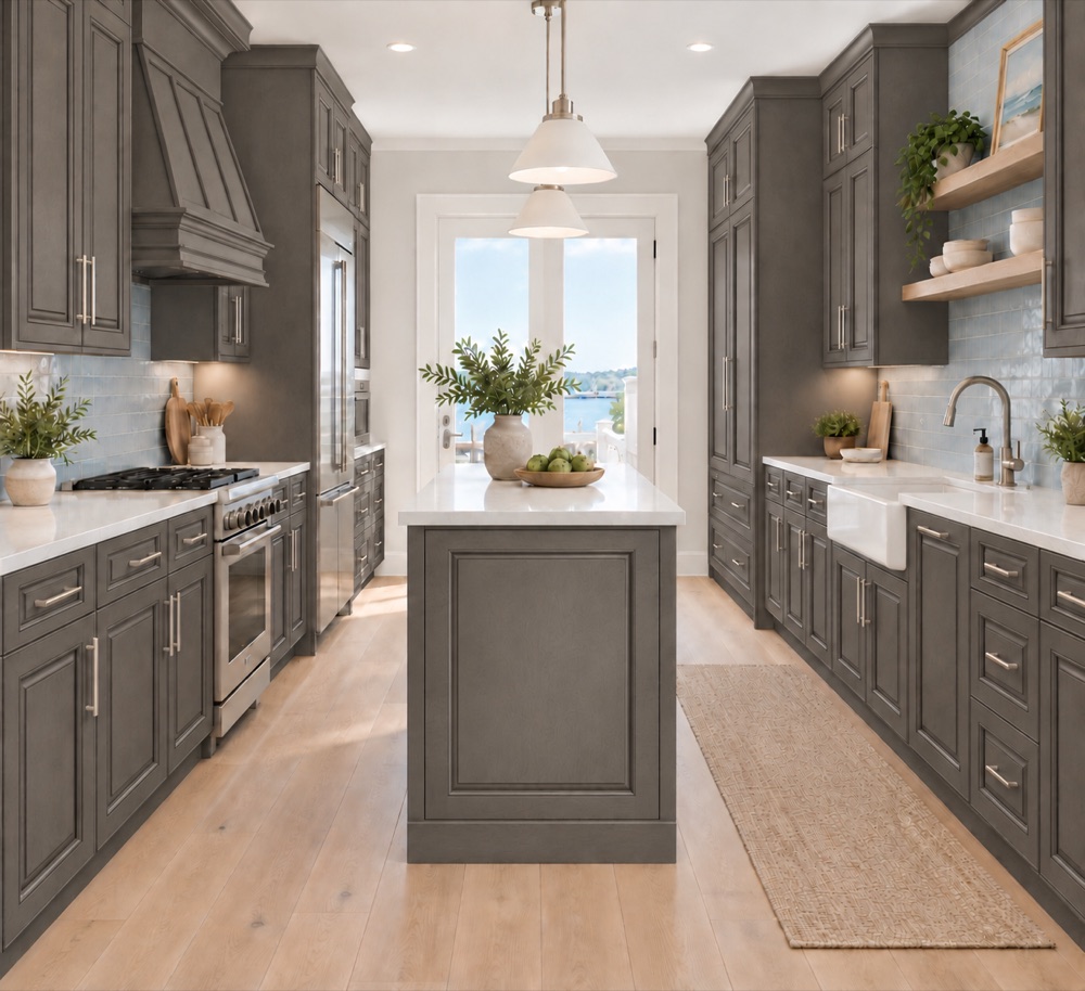 Complete kitchen featuring Townsquare Grey cabinets
